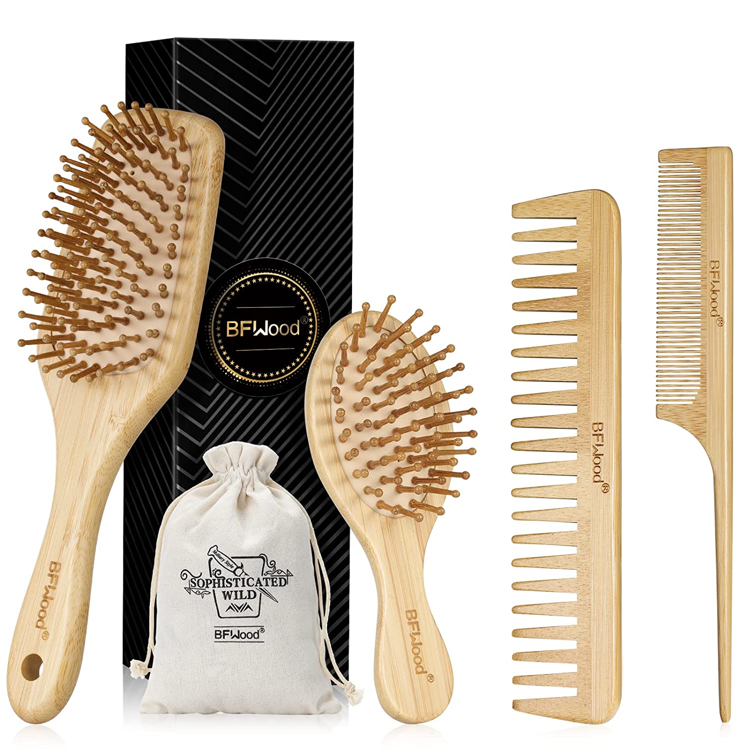 BFWood Bamboo Hair Brush and Combs Set