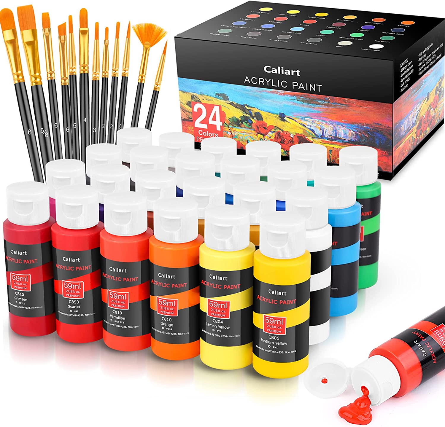 Caliart Acrylic Paint Set With 12 Brushes, 24 Colors